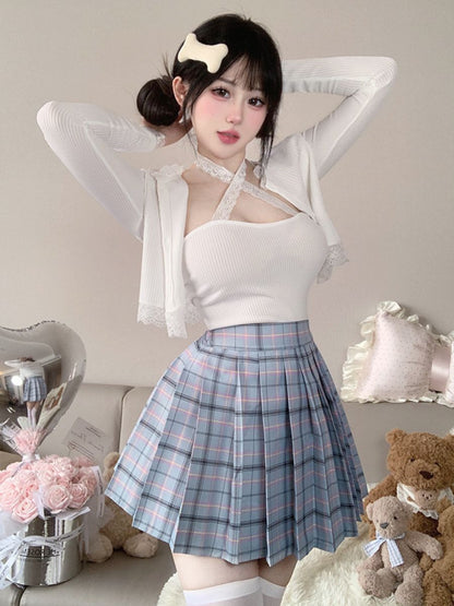 Three-Piece Knit Top and Plaid Pleated Skirt - Anime Student Set Blesssafe