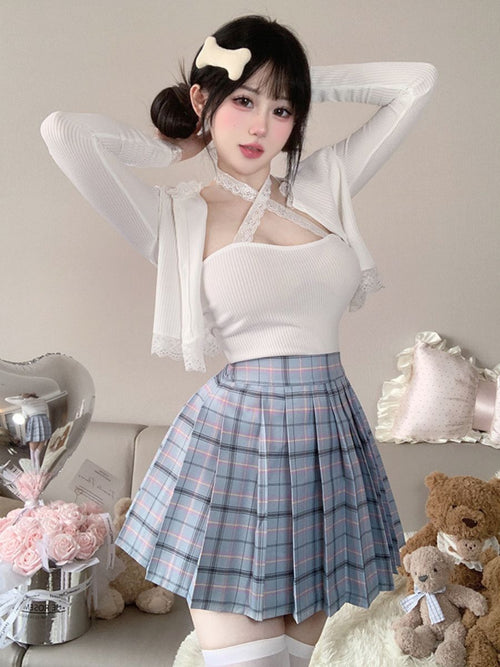 Three-Piece Knit Top and Plaid Pleated Skirt - Anime Student Set Blesssafe