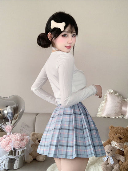 Three-Piece Knit Top and Plaid Pleated Skirt - Anime Student Set Blesssafe