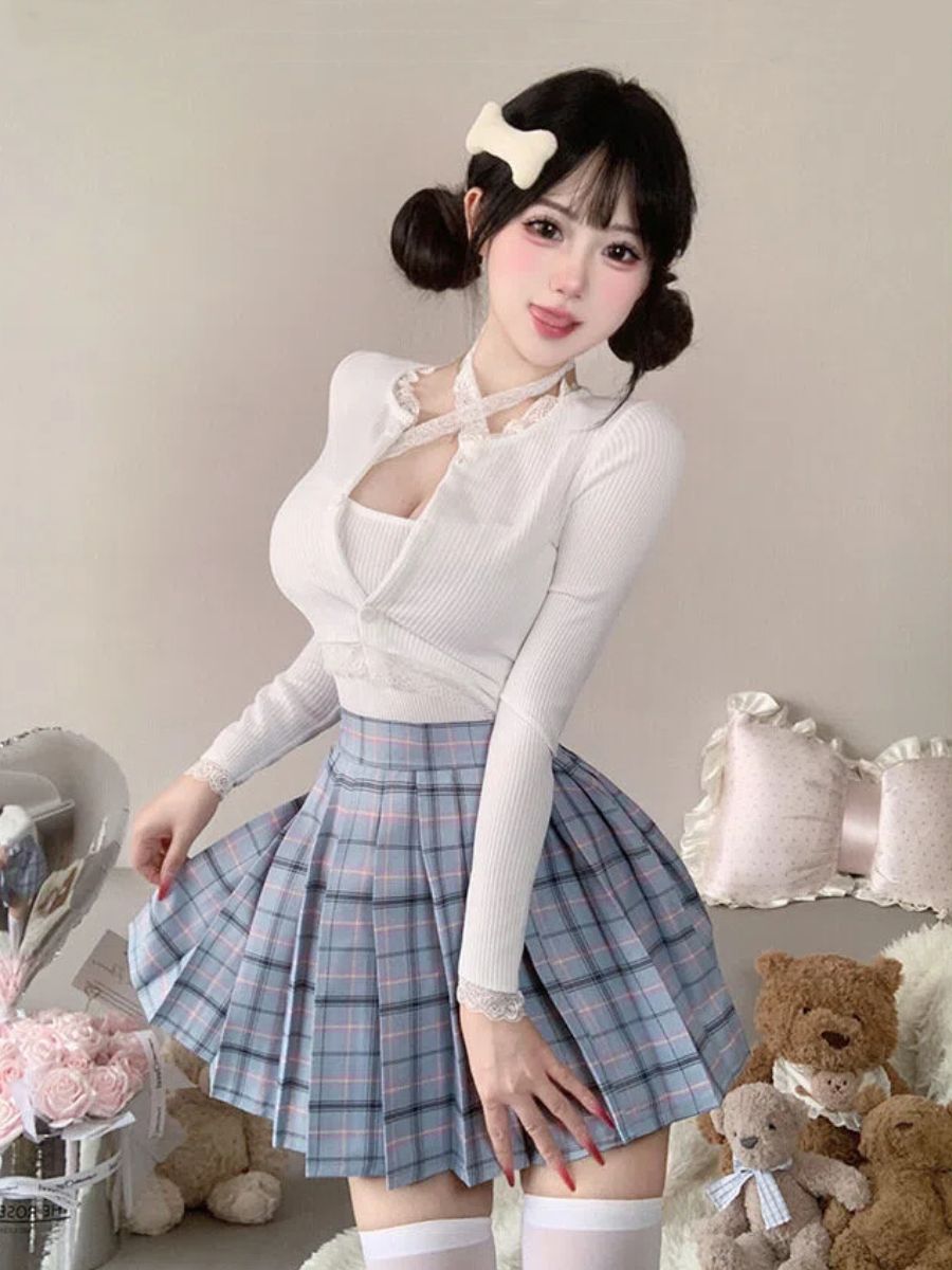 Three-Piece Knit Top and Plaid Pleated Skirt - Anime Student Set Blesssafe