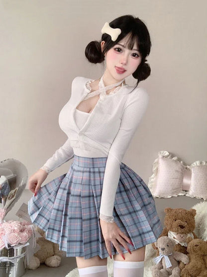 Three-Piece Knit Top and Plaid Pleated Skirt - Anime Student Set Blesssafe