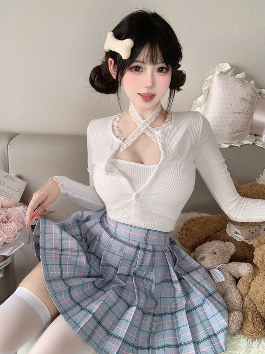 Three-Piece Knit Top and Plaid Pleated Skirt - Anime Student Set Blesssafe