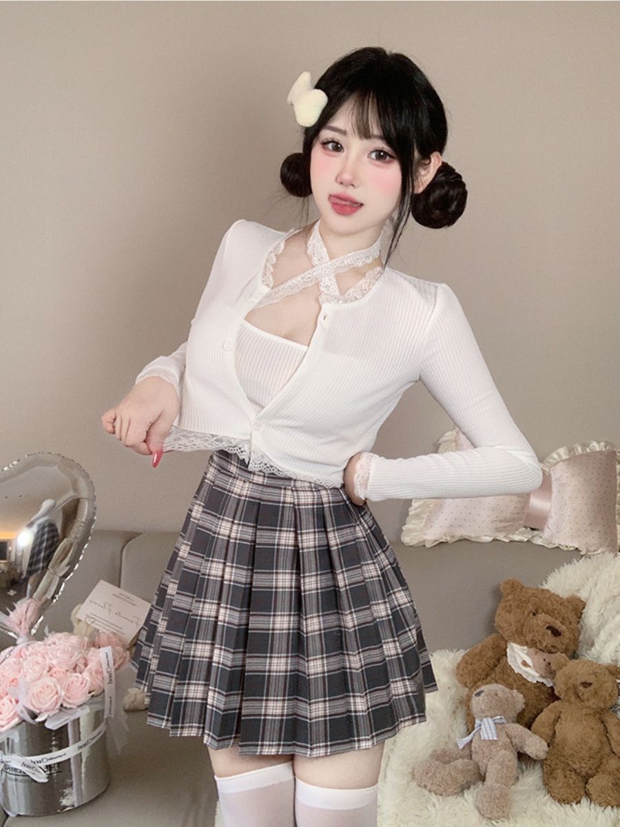 Three-Piece Knit Top and Plaid Pleated Skirt - Anime Student Set Blesssafe