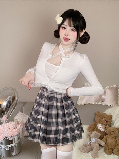 Three-Piece Knit Top and Plaid Pleated Skirt - Anime Student Set Blesssafe