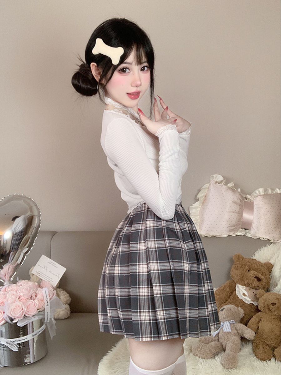 Three-Piece Knit Top and Plaid Pleated Skirt - Anime Student Set Blesssafe