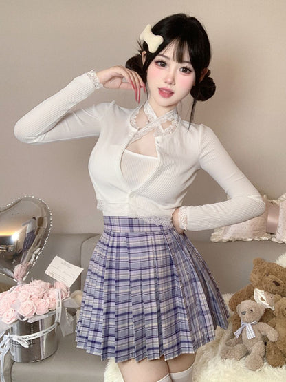 Three-Piece Knit Top and Plaid Pleated Skirt - Anime Student Set Blesssafe