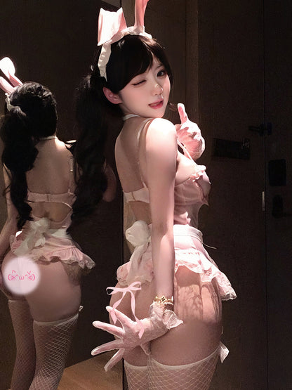Pink Bunny Maid Teddy Lingerie Set - Kawaii Anime Servant Outfit blesssafe