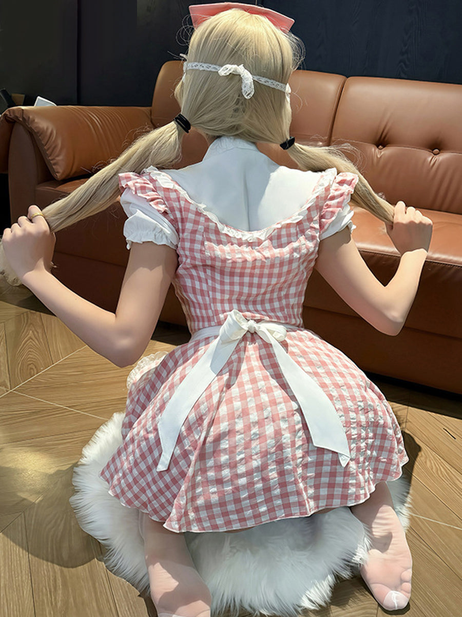 Pink Gingham Maid Cosplay Costume Set Blesssafe