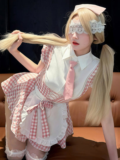 Pink Gingham Maid Cosplay Costume Set Blesssafe
