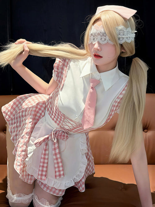 Pink Gingham Maid Cosplay Costume Set Blesssafe