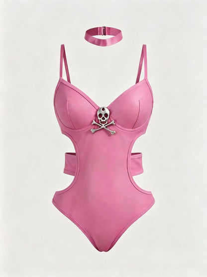 Pink Skull Gothic Lingerie Cut Out Bodysuit