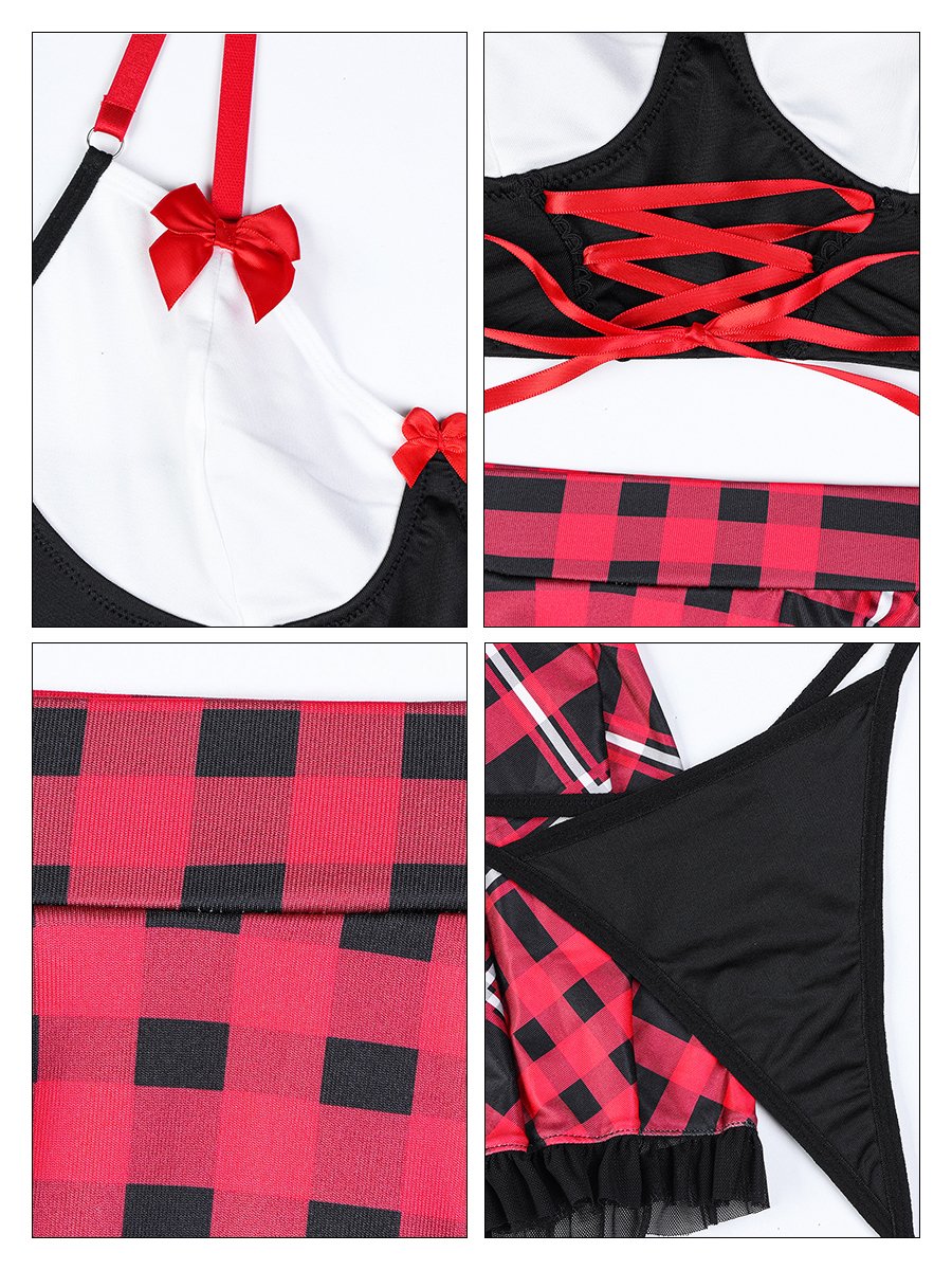 Plaid Lace Up Bra and Skirt Set - Sexy Corset Style Student Set Blesssafe