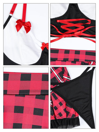 Plaid Lace Up Bra and Skirt Set - Sexy Corset Style Student Set Blesssafe