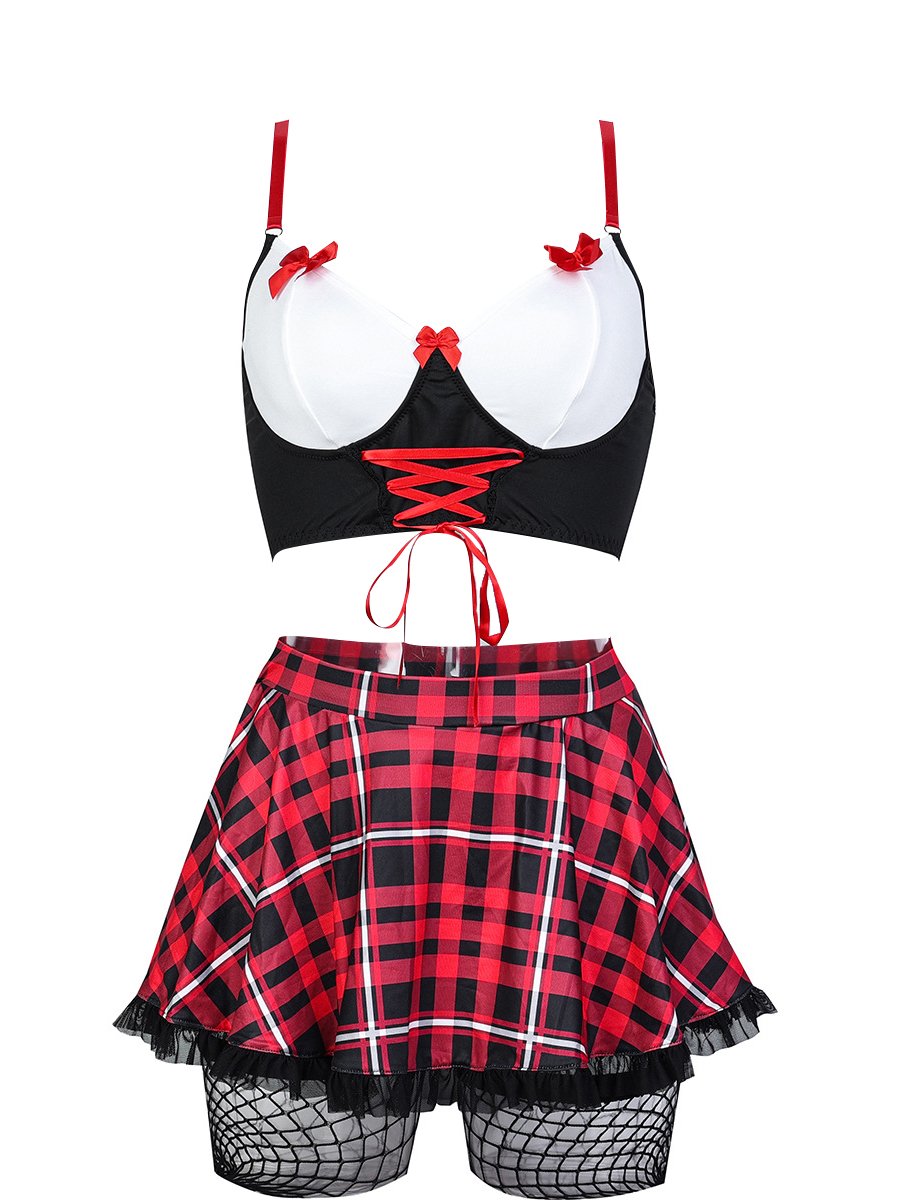 Plaid Lace Up Bra and Skirt Set - Sexy Corset Style Student Set Blesssafe