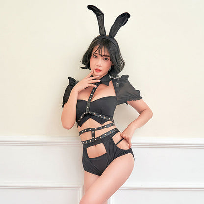 Bunny Girl Costume Gothic Rivet Harness Puff Sleeve Crop Top Cut Out Shorts Cosplay Lingerie Set blesssafe