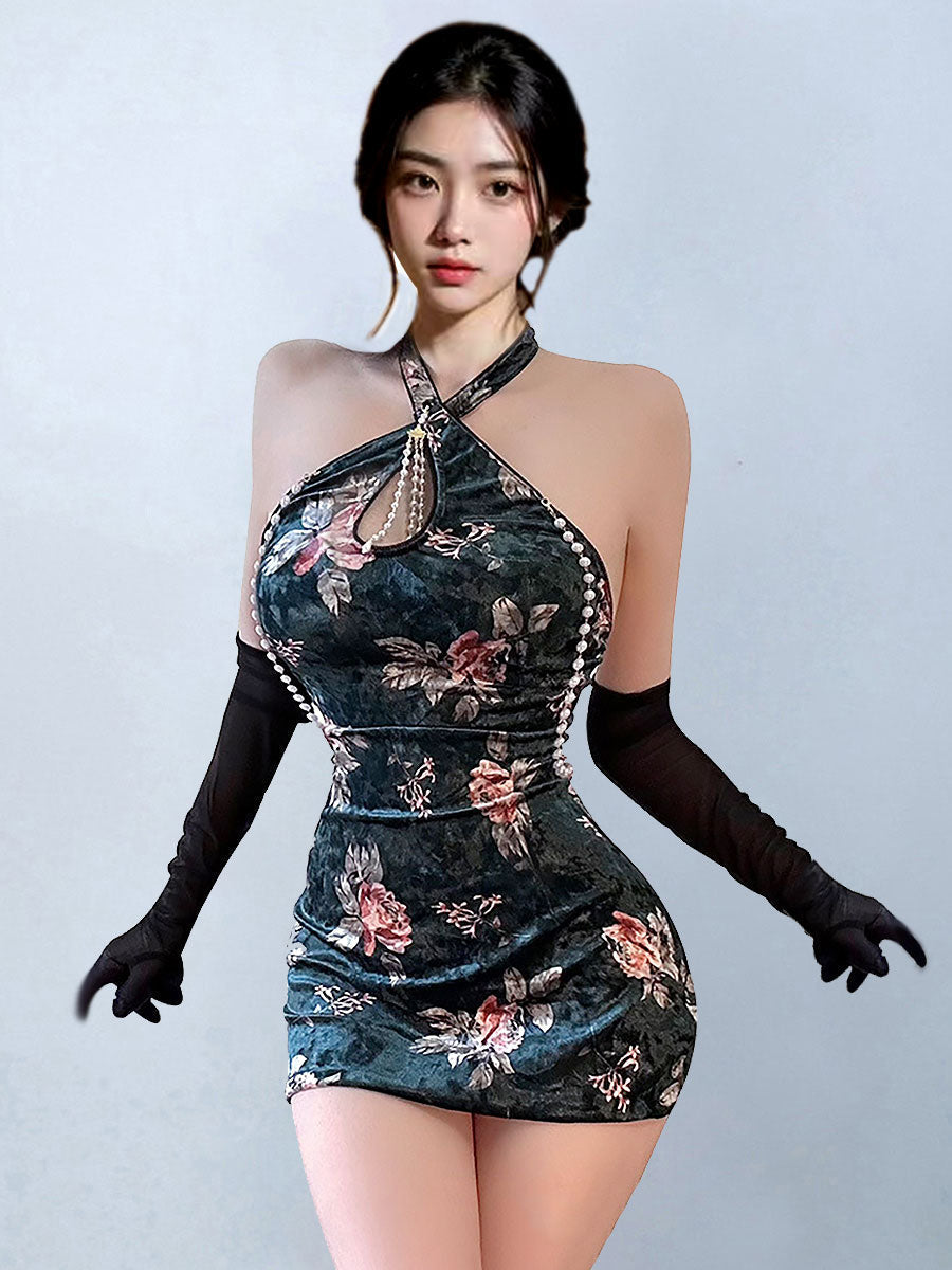 Plus Size Velvet Floral Cheongsam Dress - Curvy Chinese Qipao Blesssafe