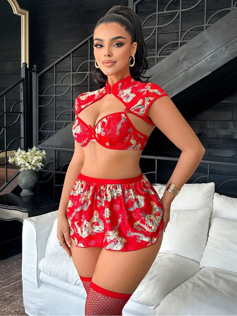 Plus Size Dragon Print Chinese Lingerie Set - Full Figure Teddy Blesssafe