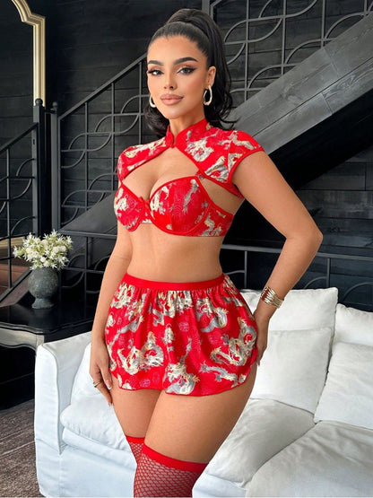 Plus Size Dragon Print Chinese Lingerie Set - Full Figure Teddy Blesssafe