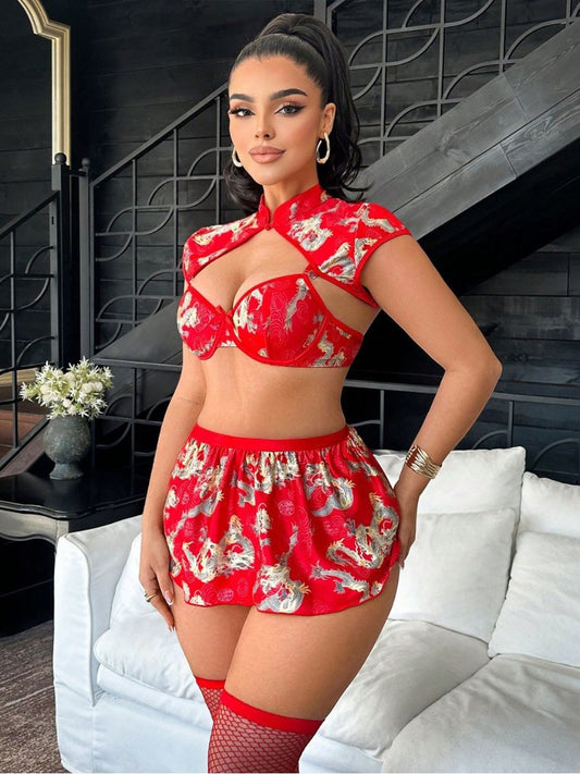 Plus Size Dragon Print Chinese Lingerie Set - Full Figure Teddy Blesssafe