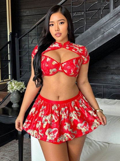 Plus Size Dragon Print Chinese Lingerie Set - Full Figure Teddy Blesssafe