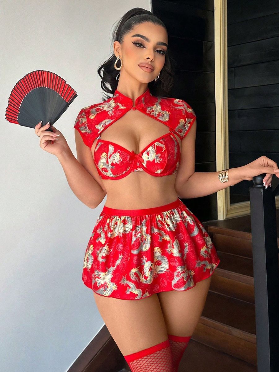 Plus Size Dragon Print Chinese Lingerie Set - Full Figure Teddy Blesssafe