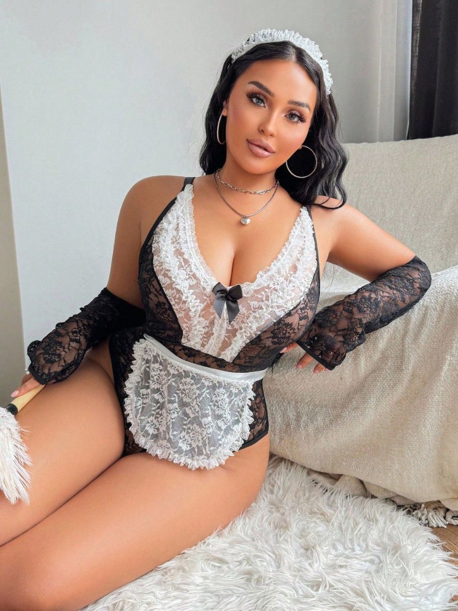 Plus Size Lace French Maid Teddy Set Blesssafe