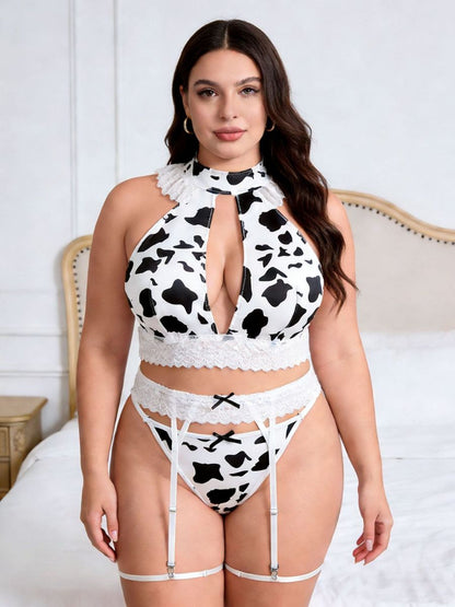 Plus Size Cow Print Garter Lingerie Set - Full Figure Anime Cosplay Blesssafe