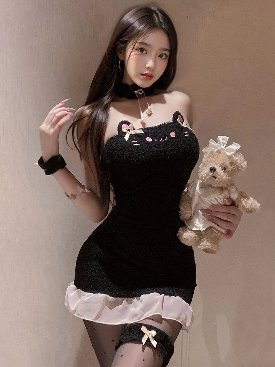 Plush Black Cat Cosplay Lingerie Set blesssafe