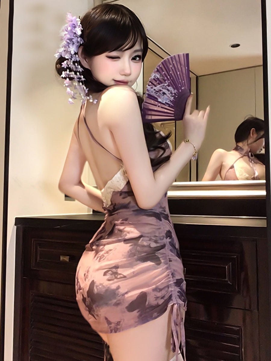 Purple Butterfly Print Sheer Cheongsam - Transparent Mesh Qipao Blesssafe