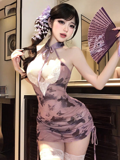 Purple Butterfly Print Sheer Cheongsam - Transparent Mesh Qipao Blesssafe