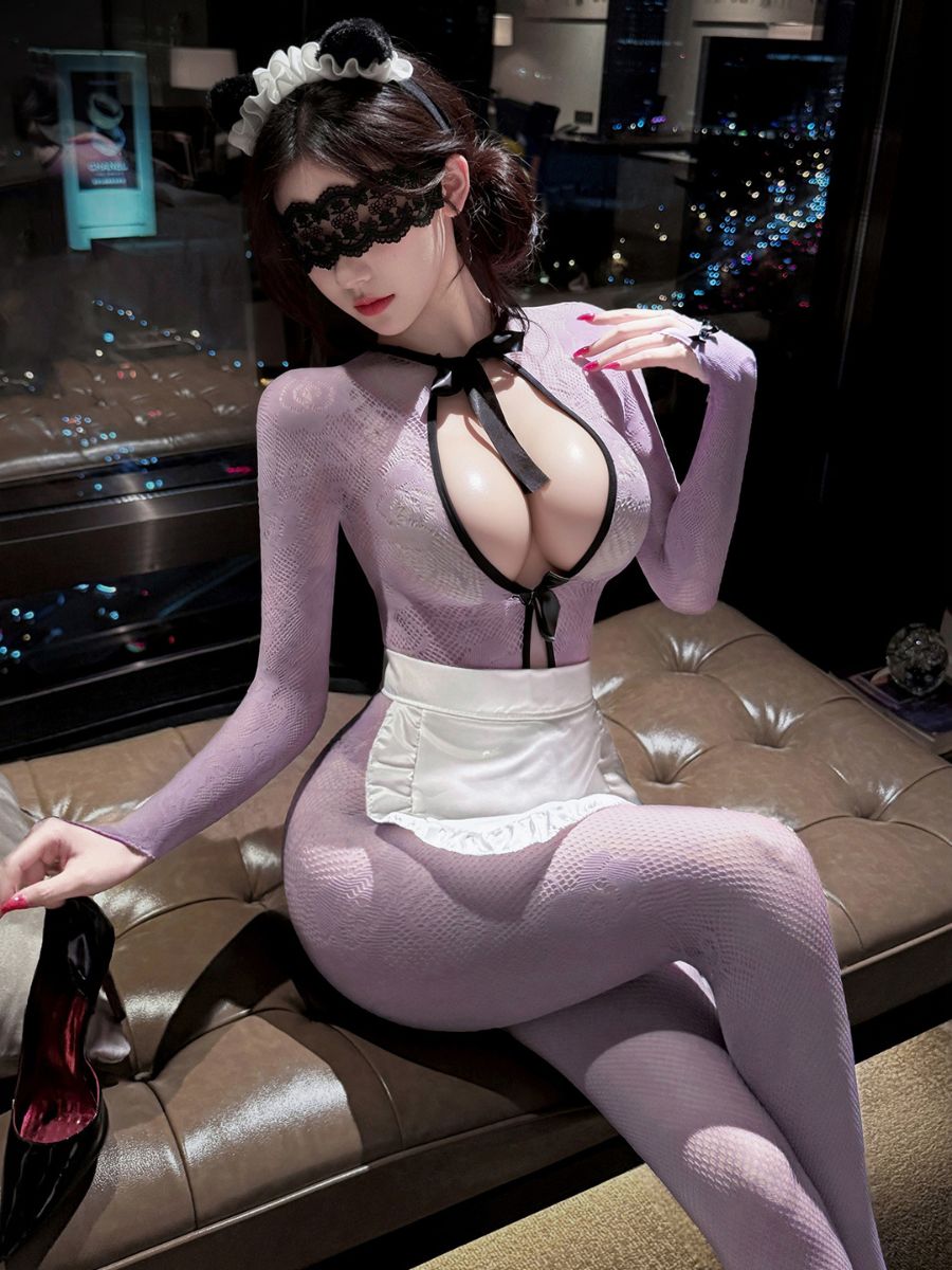 Purple Floral Lace Maid Cosplay Lingerie Set Blesssafe