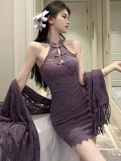 Purple Lace Cheongsam Dress w/ Shawl - Elegant Chinese Lingerie Blesssafe