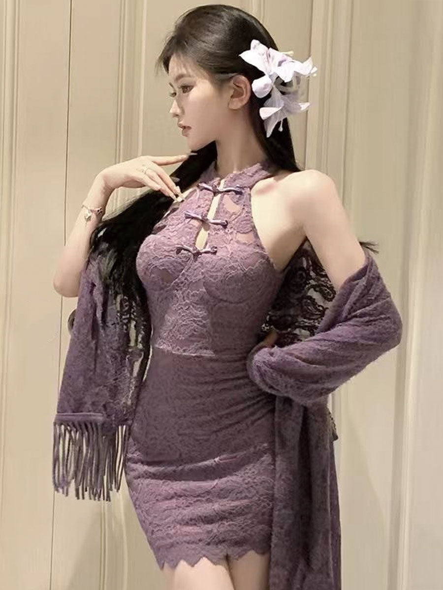 Purple Lace Cheongsam Dress w/ Shawl - Elegant Chinese Lingerie Blesssafe