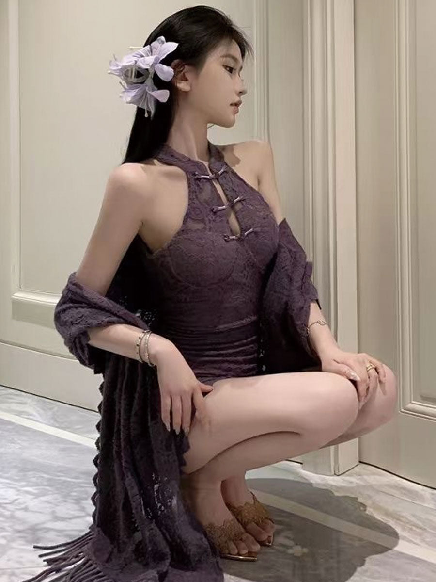 Purple Lace Cheongsam Dress w/ Shawl - Elegant Chinese Lingerie Blesssafe