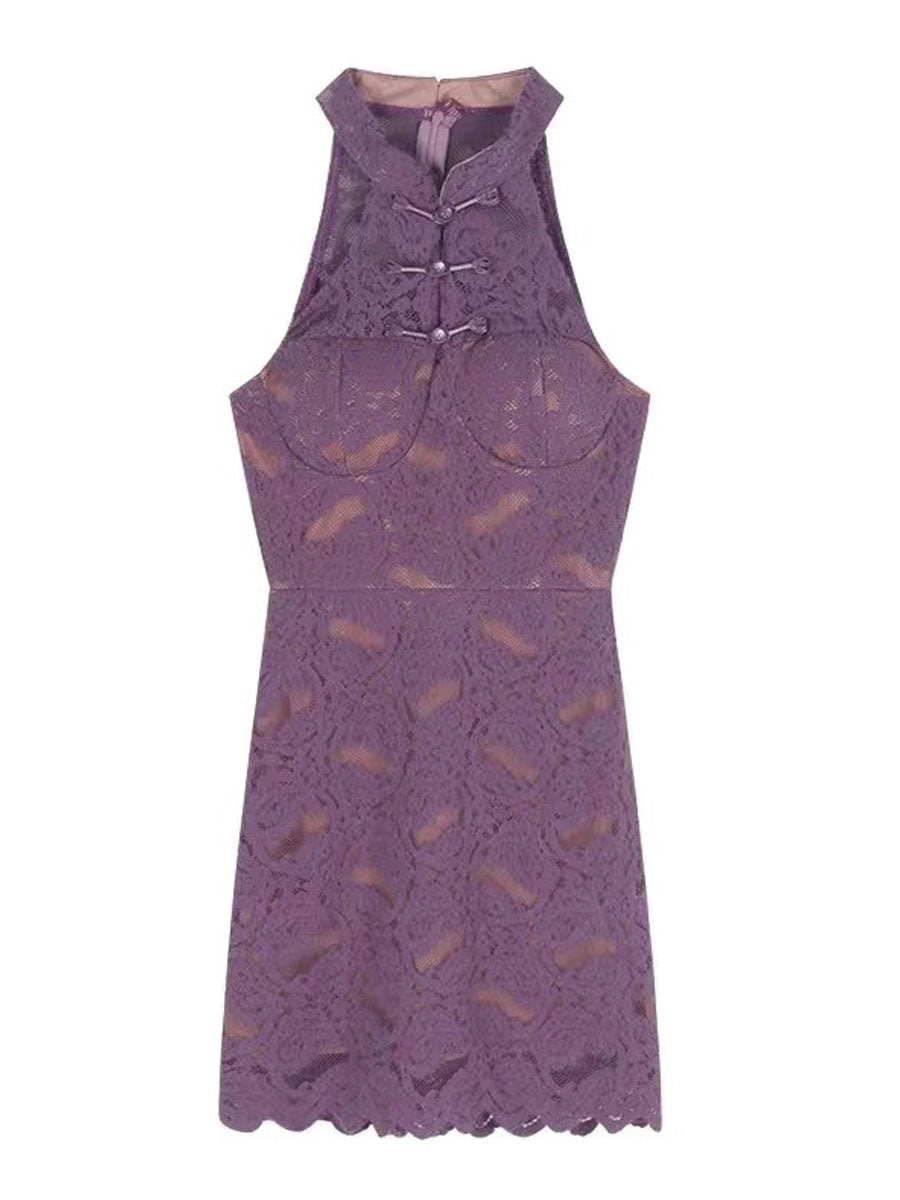 Purple Lace Cheongsam Dress w/ Shawl - Elegant Chinese Lingerie Blesssafe
