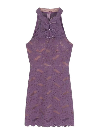 Purple Lace Cheongsam Dress w/ Shawl - Elegant Chinese Lingerie Blesssafe