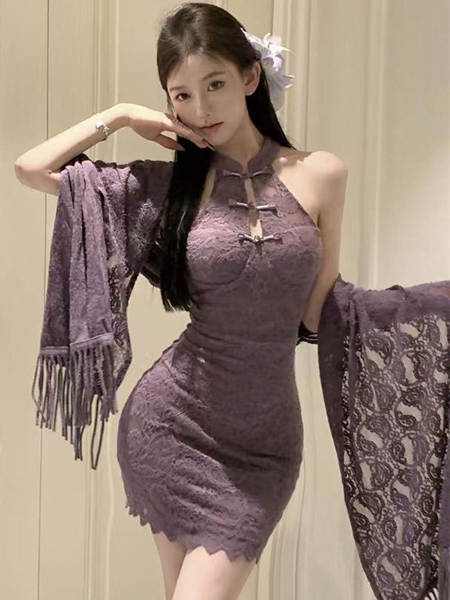 Purple Lace Cheongsam Dress w/ Shawl - Elegant Chinese Lingerie Blesssafe