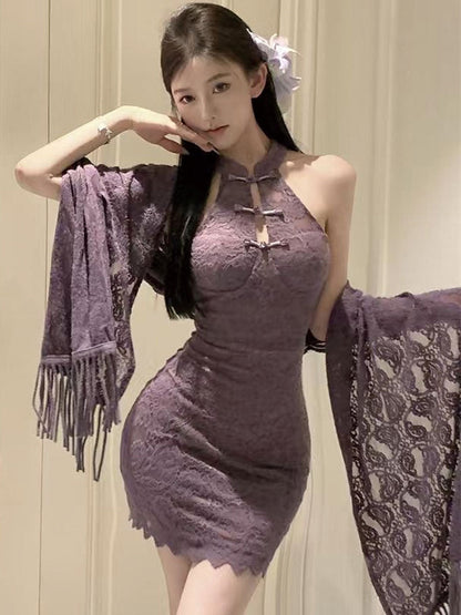 Purple Lace Cheongsam Dress w/ Shawl - Elegant Chinese Lingerie Blesssafe