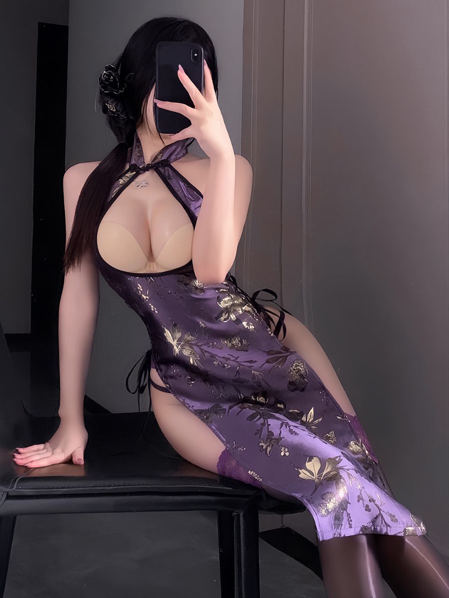 Purple Floral Lingerie Cheongsam - Transparent Chinese Teddy Blesssafe