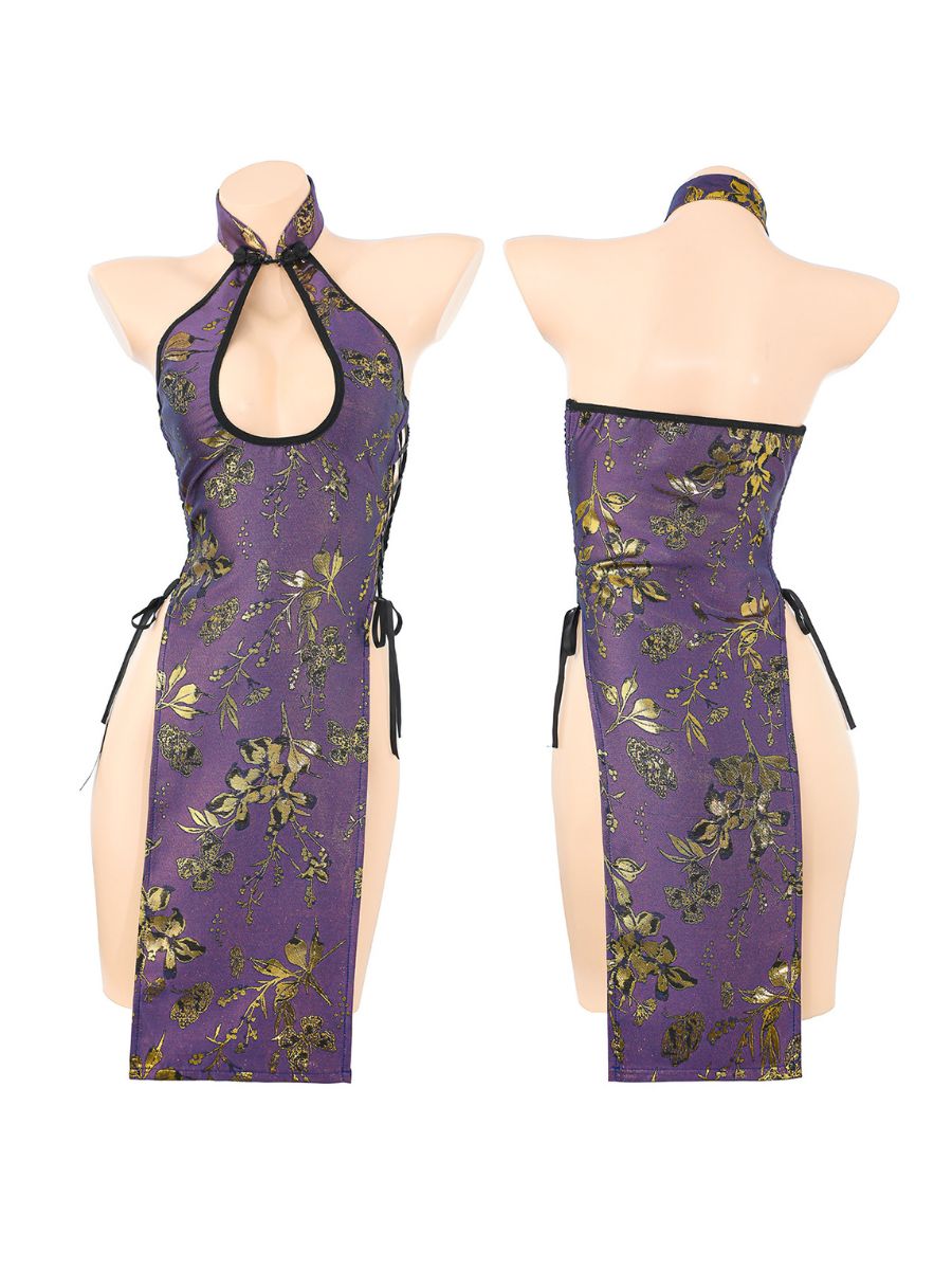 Purple Floral Lingerie Cheongsam - Transparent Chinese Teddy Blesssafe