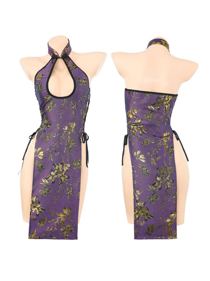 Purple Floral Lingerie Cheongsam - Transparent Chinese Teddy Blesssafe