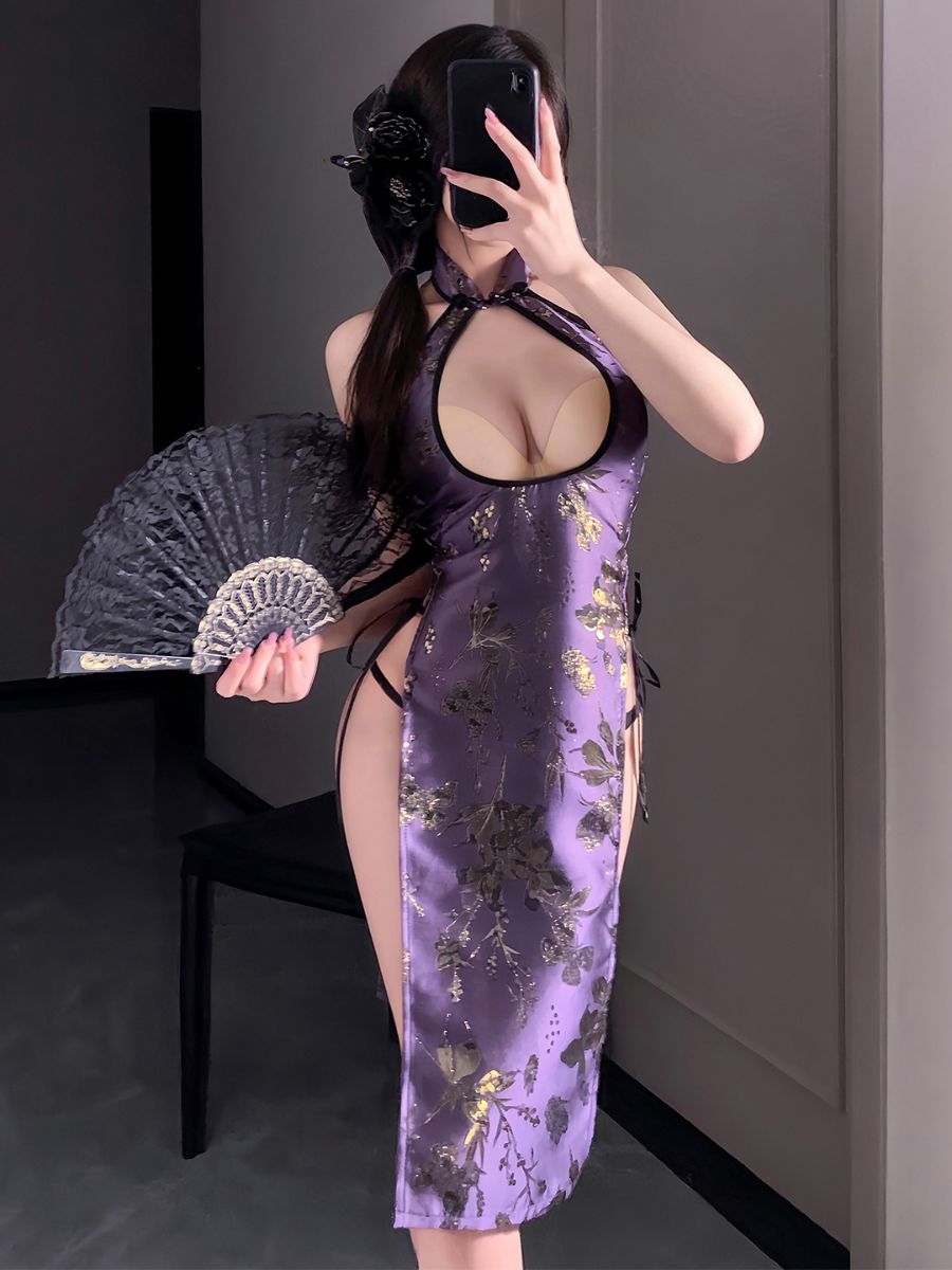 Purple Floral Lingerie Cheongsam - Transparent Chinese Teddy Blesssafe