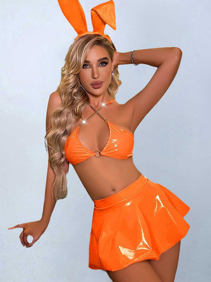 Rave Outfits for Women Bunny Cosplay Costume Latex Bikini with Rave Skirt Music Festival Outfit blesssafe