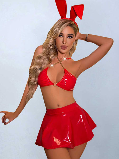 Rave Outfits for Women Bunny Cosplay Costume Latex Bikini with Rave Skirt Music Festival Outfit blesssafe