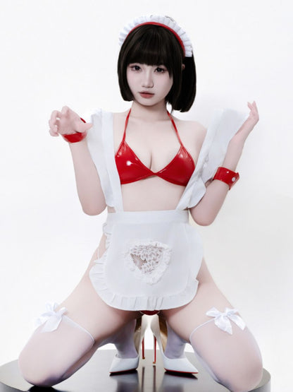 Fierce Red PU Leather Micro Bikini Maid Costume Set Blesssafe