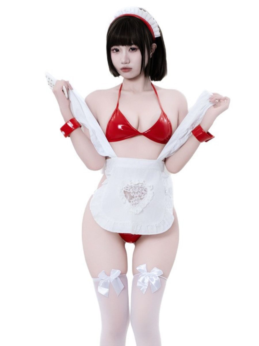 Fierce Red PU Leather Micro Bikini Maid Costume Set Blesssafe