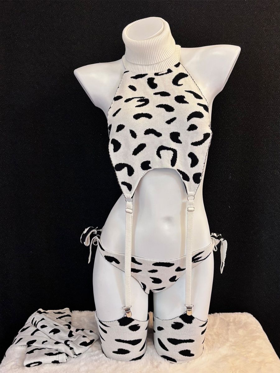 Rib Knit Cow Lingerie Set - Soft Textured Anime Animal Underwear Blesssafe