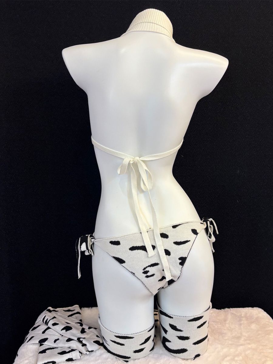 Rib Knit Cow Lingerie Set - Soft Textured Anime Animal Underwear Blesssafe