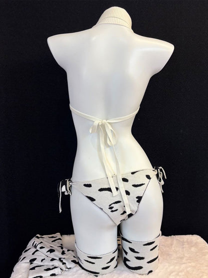 Rib Knit Cow Lingerie Set - Soft Textured Anime Animal Underwear Blesssafe