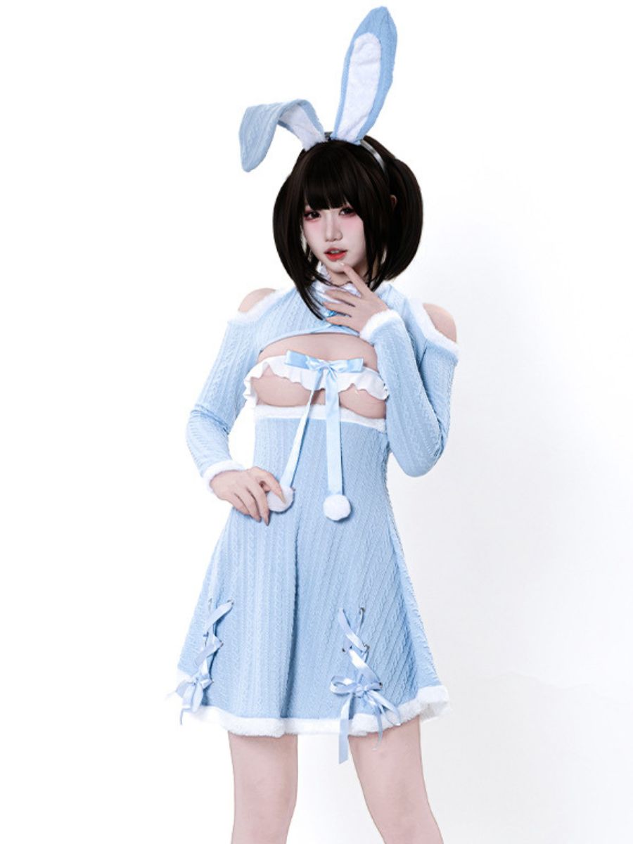 Ribbed Knit Bunny Cupless Outfit - Revealing Anime Cosplay Set blesssafe